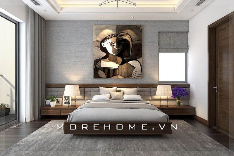 Giường ngủ chung cư hiện đại được thiết kế với chất liệu gỗ công nghiệp An Cường tại điểm nhấn nhẹ nhàng cho không gian nghỉ ngơi của gia chủ